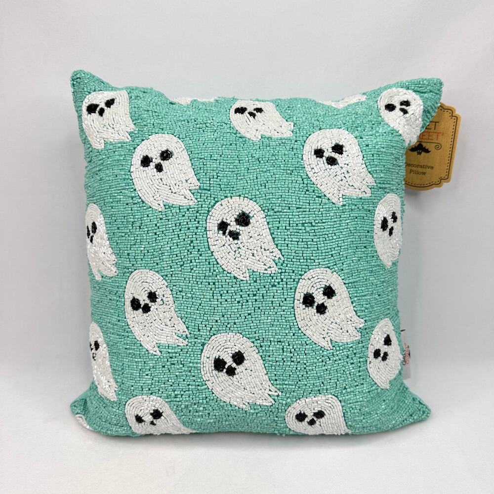 NWT Sweet Street Blue Beaded Ghost Decorative Pillow